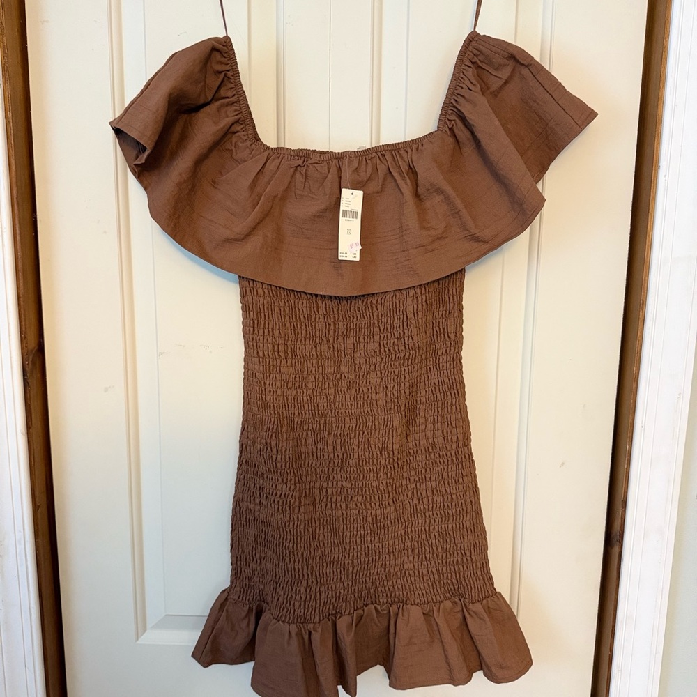 NWT by Anthropologie Brown Off the Shoulder Ruffle Mini Dress Bodycon XS - Picture 7 of 9